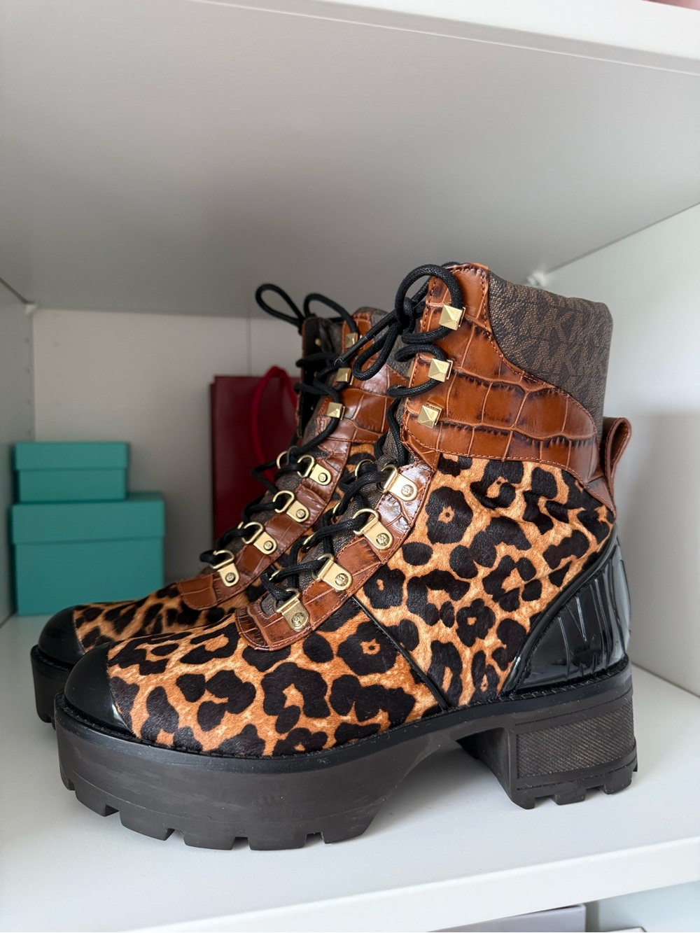 Michael Kors Leopard Print Platform Combat Boots - Brown/Black